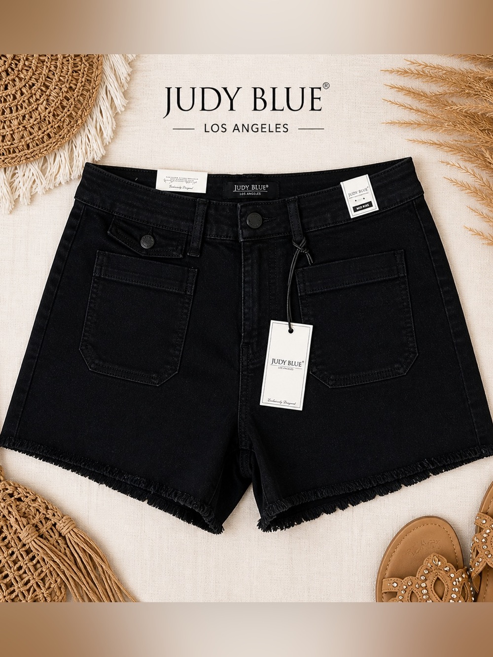 Judy Blue Black Mid Rise  Shorts | Frayed Hem Boho Summer Denim Size XL NWT